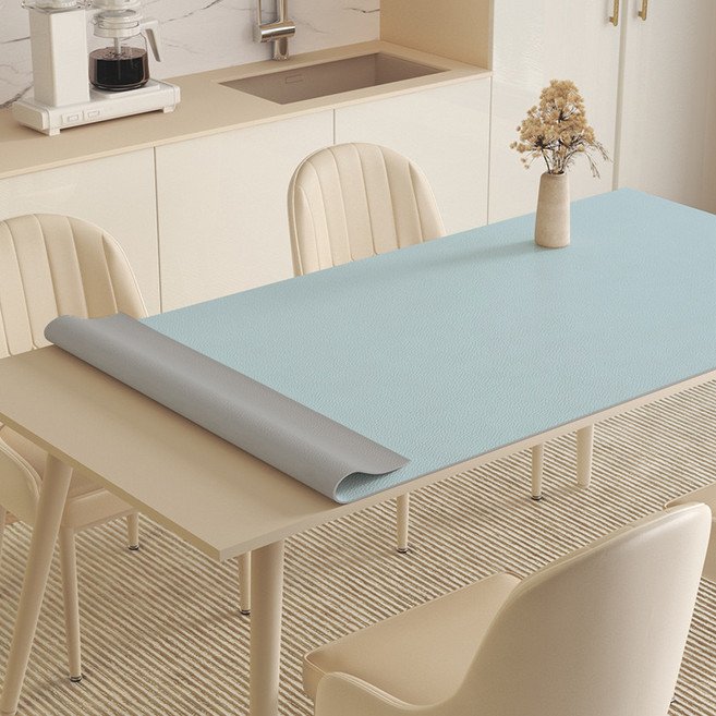 Alemon 양면 가죽 방수 식탁보 테이블 매트, 130x80cm, 연그레이+핑크블루, 1개할인